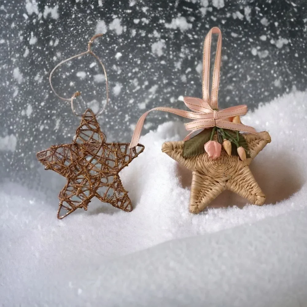 2 Star Christmas Ornaments Rattan Woven Rustic Farmhouse Country‎ Boho Holiday.
